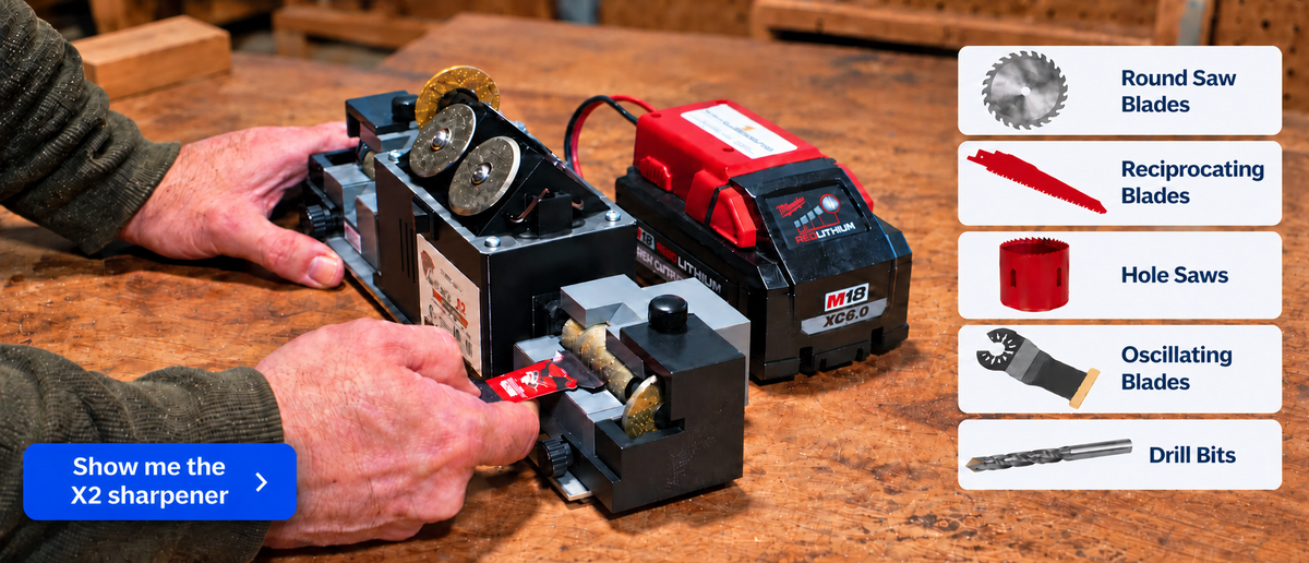 JobSaver X2 sharpening system for circular saw blades, reciprocating blades, hole saws, oscillating blades and drill bits. Take control of your blade costs.