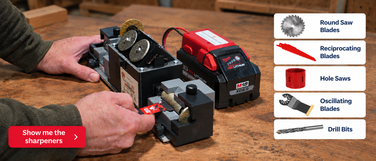 JobSaver X2 sharpening system for circular saw blades, reciprocating blades, hole saws, oscillating blades and drill bits. Take control of your blade costs.